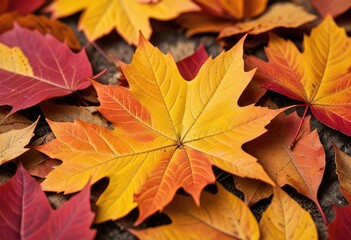 vibrant colors of fall with close-up shots of crisp, fallen leaves in shades of orange, yellow, and red against a soft-focused background.