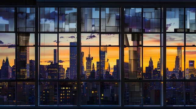 Fototapeta USA, New York, New York City, Midtown Manhattan at sunset seen through window