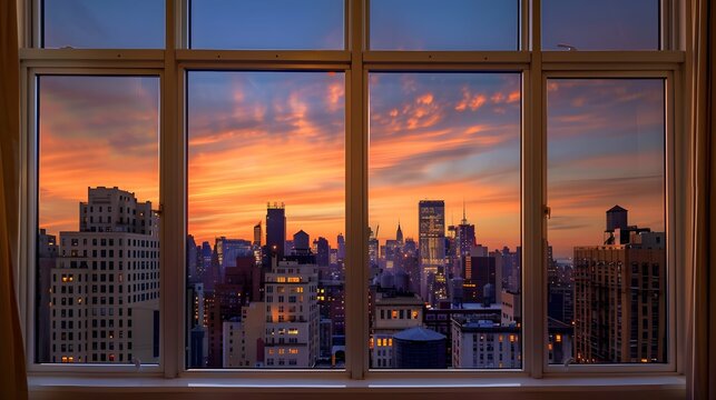 Fototapeta USA, New York, New York City, Midtown Manhattan at sunset seen through window