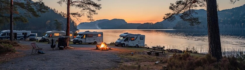 Group of motorhomes near the lake, campfire and cooking equipment, evening glow, no people