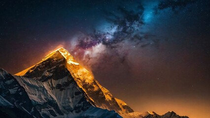 Panoramic view of great Himalayan range at evening, with the mountains glowing in the warm light of the starry night with a lot of stars
