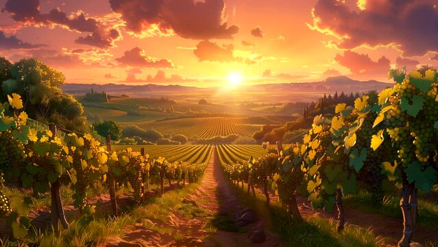 Panorama sunset in a vineyard. Looping time-lapse animation background