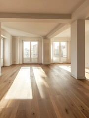 Obraz premium Spacious empty living room with wooden flooring 