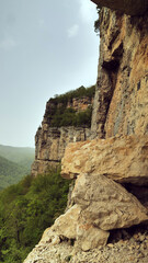 Stratified Cliffside Landscape. A rugged cliffside showcasing stratified sedimentary rock formations, surrounded by forested area under an overcast sky.