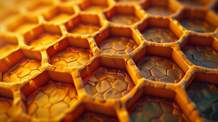 Alvéoles jaunes en relief, motif texturé organique rappelant la ruche avec un effet futuriste d'hexagones
