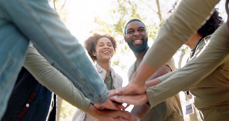 Hands, people and volunteer for environment, stack and support for motivation, teamwork and eco...