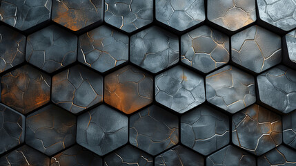 Alvéoles noir en relief en ardoise, motif texturé organique rappelant le cuir avec un effet futuriste d'hexagones, papier peint science-fiction