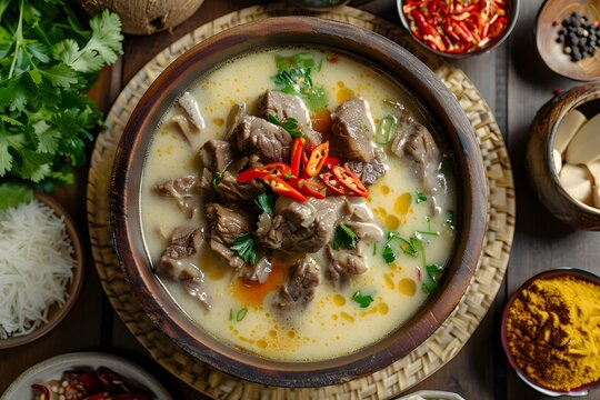 detail and specificity soto betawi, a traditional Jakarta beef soup with rich coconut milk broth. Depict the ingredients, spices, and serving style