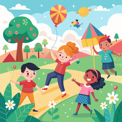 children playing with kites in the park.