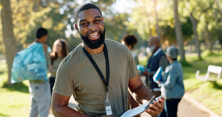 Man, volunteer and happy portrait with clipboard in nature, supervisor and environment...