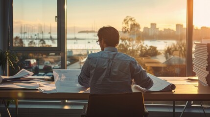 A contemplative man sits at an office desk, looking out towards a harbor bathed in sunset light