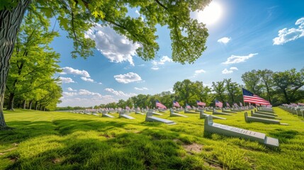An early morning Memorial Day scene with rays of sunlight illuminating rows of American flags at a military cemetery, symbolizing hope and reverence