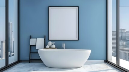 Modern bathroom interior with bathtub and framed poster on blue wall, cityscape view