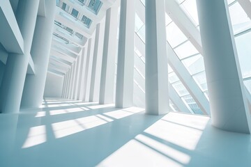 Obraz premium Airy widescreen minimalistic white and light blue architectural background banner with tilted columns, AI-generated