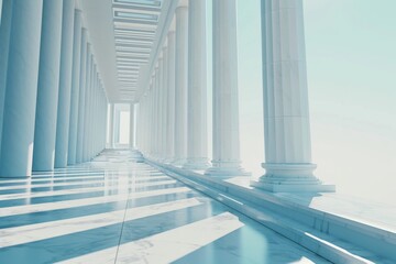 Obraz premium Airy widescreen minimalistic white and light blue architectural background banner with tilted columns, AI-generated