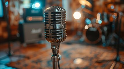 Vintage microphone set in a modern recording studio environment, blending old and new