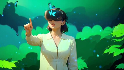 Young Creative Female Putting On a Virtual Reality Headset at Forest. She Enters Animated Digital cartoon Universe with Avatars. Next Generation Immersive Social Media Online Metaverse Platform. - Powered by Adobe