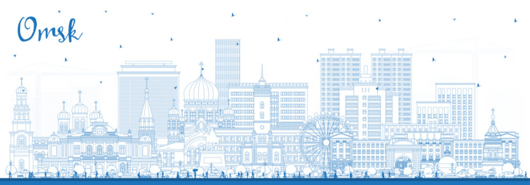 Outline Omsk Russia city skyline with blue buildings. Omsk cityscape with landmarks. Business travel and tourism concept with modern and historic architecture.