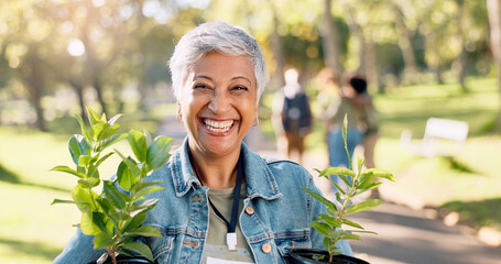 Volunteer, portrait or happy woman with plants at park for gardening, earth day or sustainability...