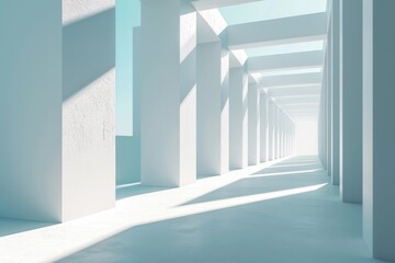 Obraz premium Airy widescreen minimalistic white and light blue architectural background banner with tilted columns, AI-generated