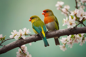 Obraz premium A pair of a tiny little birds on a bench of a tree