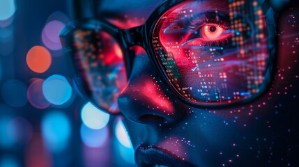 Person with neon glasses reflecting a futuristic cityscape, surrounded by tech elements and neon lights, closeup shot