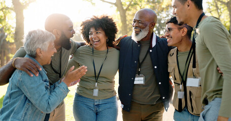 Huddle, happy and volunteer group outdoor with collaboration, teamwork and donation for charity...