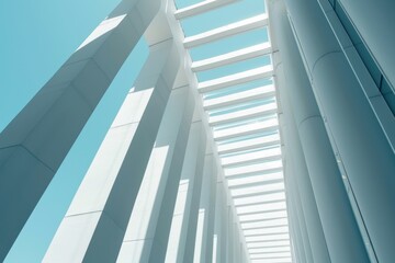 Obraz premium Airy widescreen minimalistic white and light blue architectural background banner with tilted columns, AI-generated