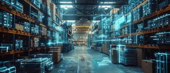 Hightech warehouse with digital overlays and glowing outlines of shelves and boxes