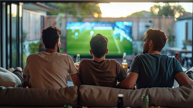 A group of male football fans at home watching a live football match on TV