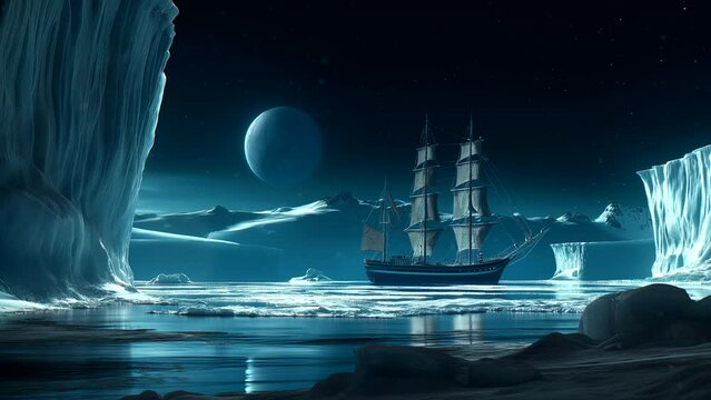 Animated background of a sailing ship in the frozen Arctic sea with falling snow. Looping time-lapse animation background