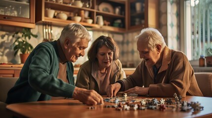 Home caregiver playing puzzle game with senior couple 