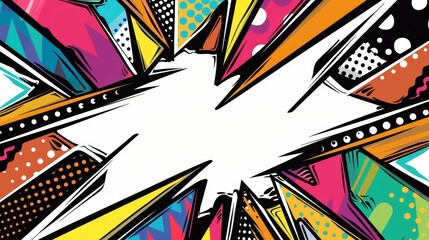 Fototapeta premium Colorful comic-style explosion with various patterns and shapes radiating from the center. Pop art concept.