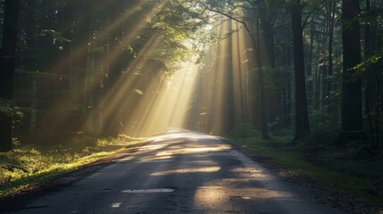 Forest road with sunlight filtering through trees, promoting green energy
