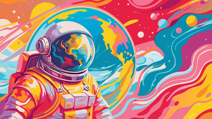 Obraz premium Vibrant Cosmic Explorer: Astronaut Gazing at Earth Amidst Colorful Nebulae