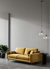 "Living room or reception room with a velvet yellow mustard color sofa. Empty gray wall background for art painted. Modern lounge interior design for office, hotel, or lounge with bright furniture. 3D