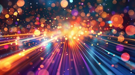 Colorful diagonal light trails with glowing bokeh orbs, creating an energetic and vibrant visual