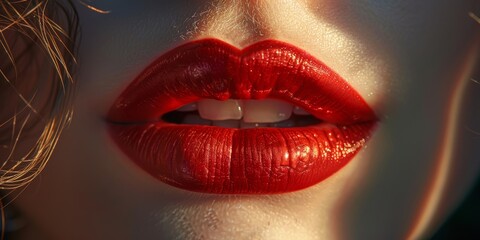 Glamorous red lips in natural light, the soft glow emphasizing their rich, vibrant color