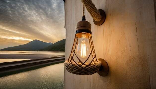 lamp on the wall.Artisanal wall sconce, wood and rope combination, Edison bulb glow, rustic chic, eco-friendly lighting