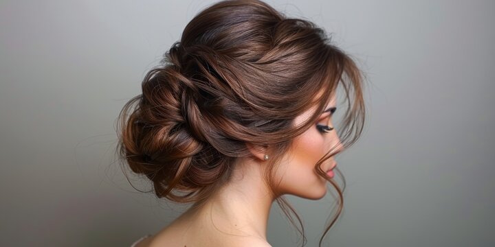 Elegant rich brown hair in an updo, the strands reflecting a soft, natural luster under soft lighting
