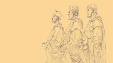 Obraz premium Biblical Illustration of 2 Kings 24: Reigns of Jehoiakim, Jehoiachin, and Zedekiah, Babylonian Invasions, Exile of Judah's Leaders and People on Beige Background with Copyspace