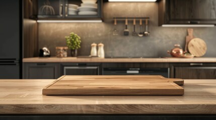 Fototapeta premium Empty wooden board on a table with a blurred background of a modern kitchen interior. Space for product display or design your mockup template