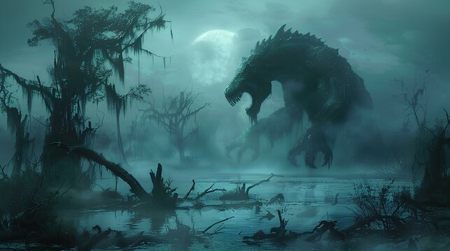 This eerie scene captures a monstrous creature emerging from the mist in a dark, foreboding swamp under the glow of a full moon, creating a sense of suspense and horror.