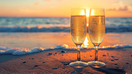 Two glasses of champagne on the beach at sunset, golden light and romantic atmosphere