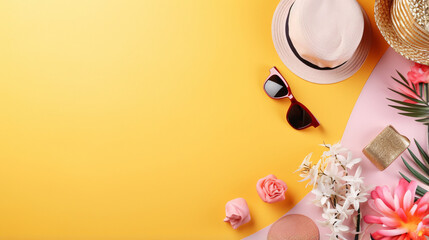A vibrant summer flat lay featuring beachwear and accessories on a solid yellow background. Items include a straw hat, sunglasses, and flowers, with ample copy space.