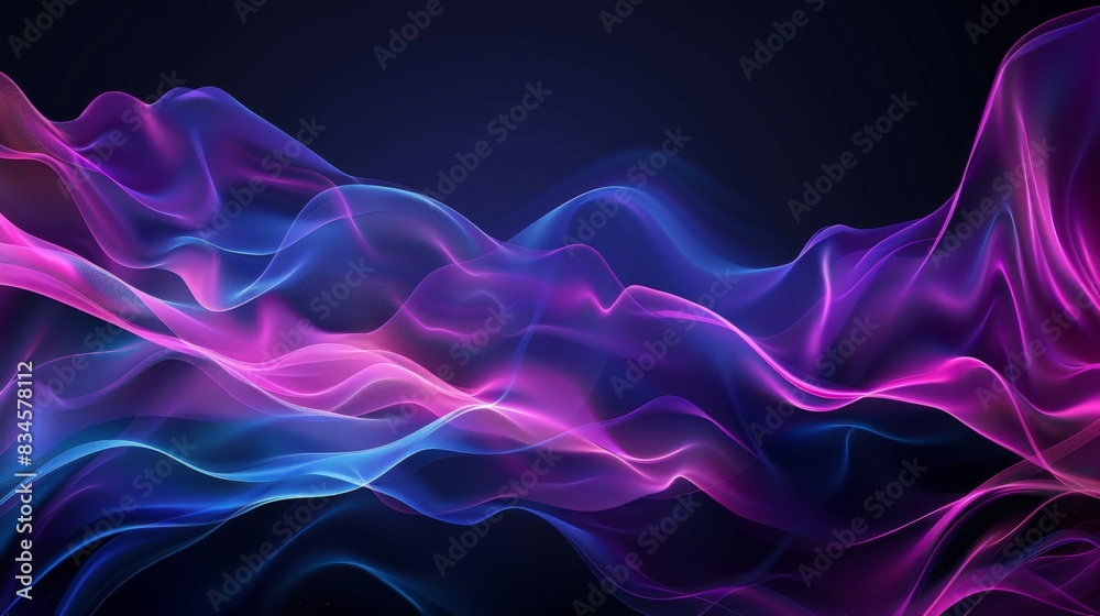 Wall mural abstract background with glowing purple and blue waves on black, curvy wallpaper design