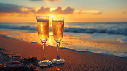 Two glasses of champagne on the beach at sunset, golden light and romantic atmosphere
