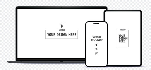 Laptop Computer, Tablet PC and Mobile Phone Mockup. Digital devices screen vector illustration  template with transparent background.