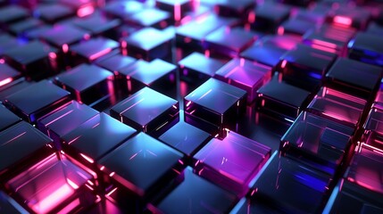 Fototapeta premium 3d rendering of blue and purple glass squares on black background Abstract futuristic technology wallpaper with geometric shapes Design concept for banner, poster or presentation