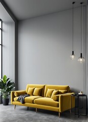 "Living room or reception room with a velvet yellow mustard color sofa. Empty gray wall background for art painted. Modern lounge interior design for office, hotel, or lounge with bright furniture. 3D